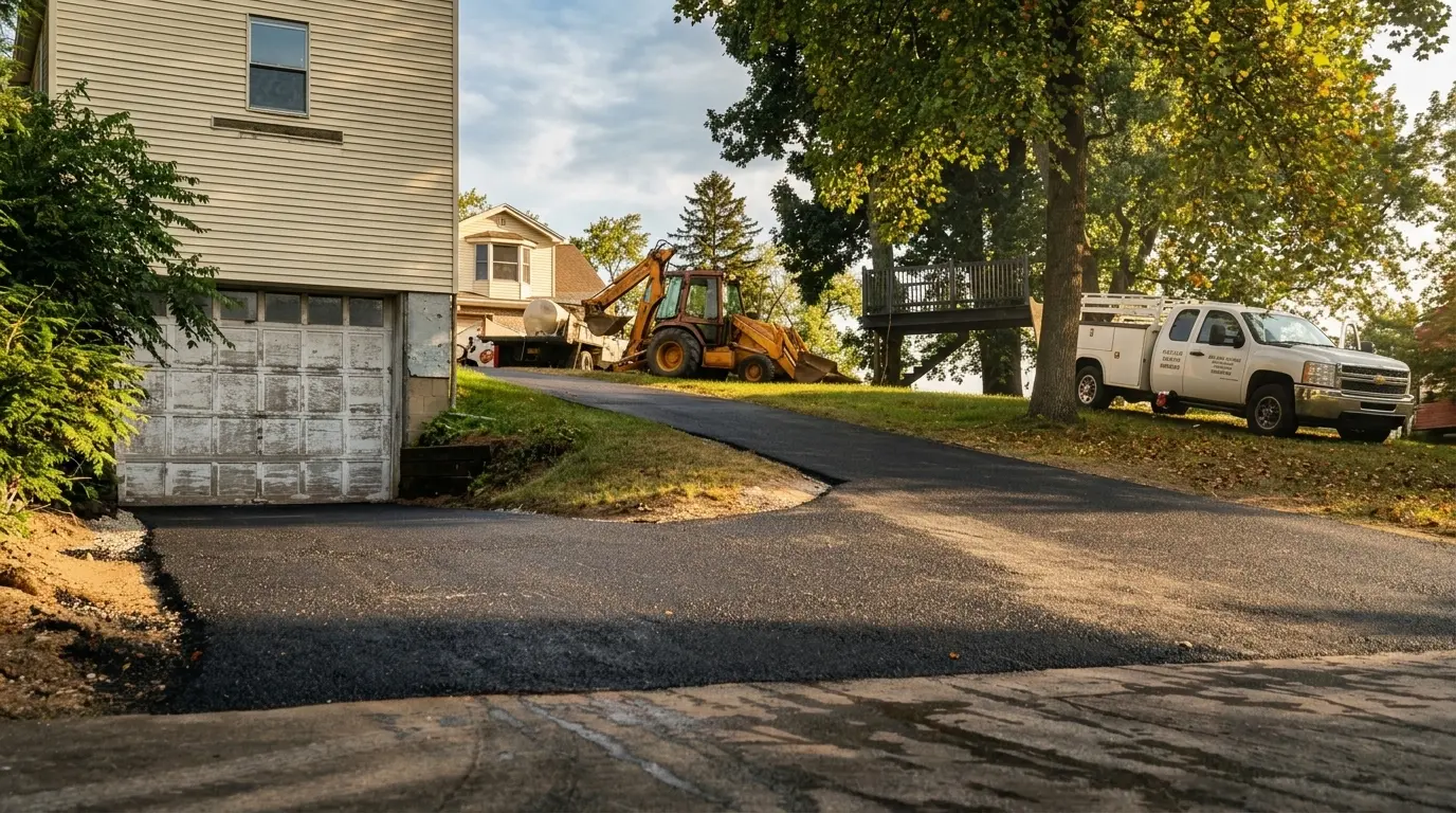 VP Construction crew laying fresh asphalt on a commercial lot