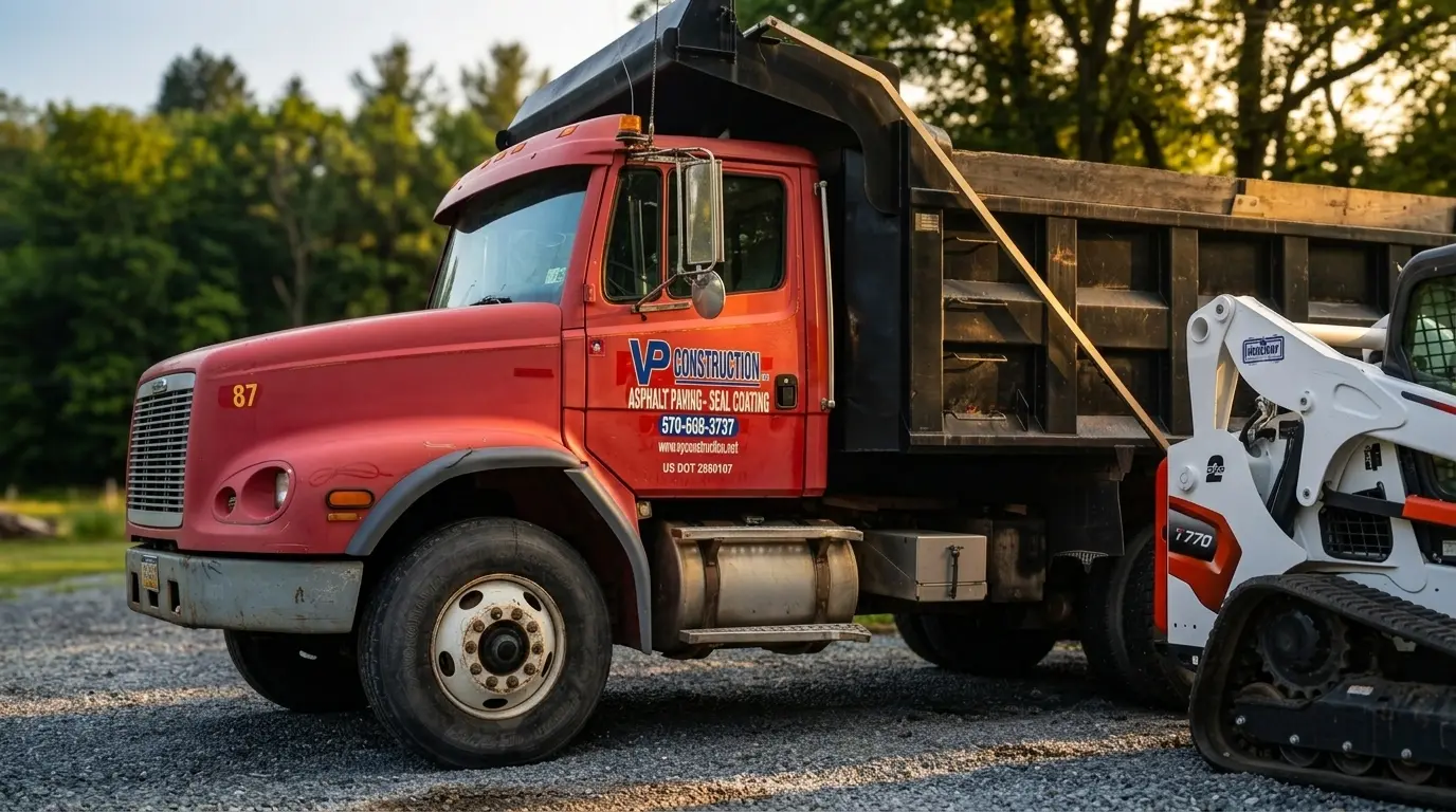 Sealcoating crew truck on a paving and sealcoating job