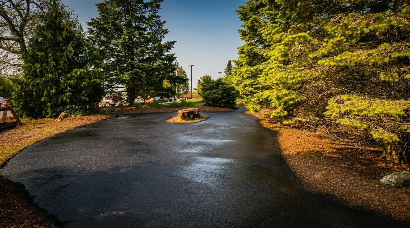 Freshly applied sealcoating on a paved surface