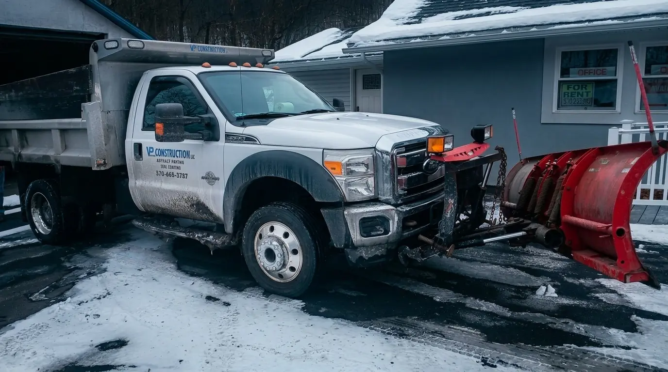 VP Construction work truck on a paving and sealcoating job site